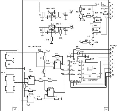 Схема устройства коррекции датчика давления по температуре на базе микроконтроллера MSP430F149 фирмы Texas Instruments.