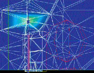Электрическое поле вблизи антенны, состоящей из секции с редким шагом и секции с частым шагом. Сверху виден штырь. Разбиение на тетраэдры показано в вертикальном сечении всего анализируемого пространства. Справа видны контуры сферы - модели головы.